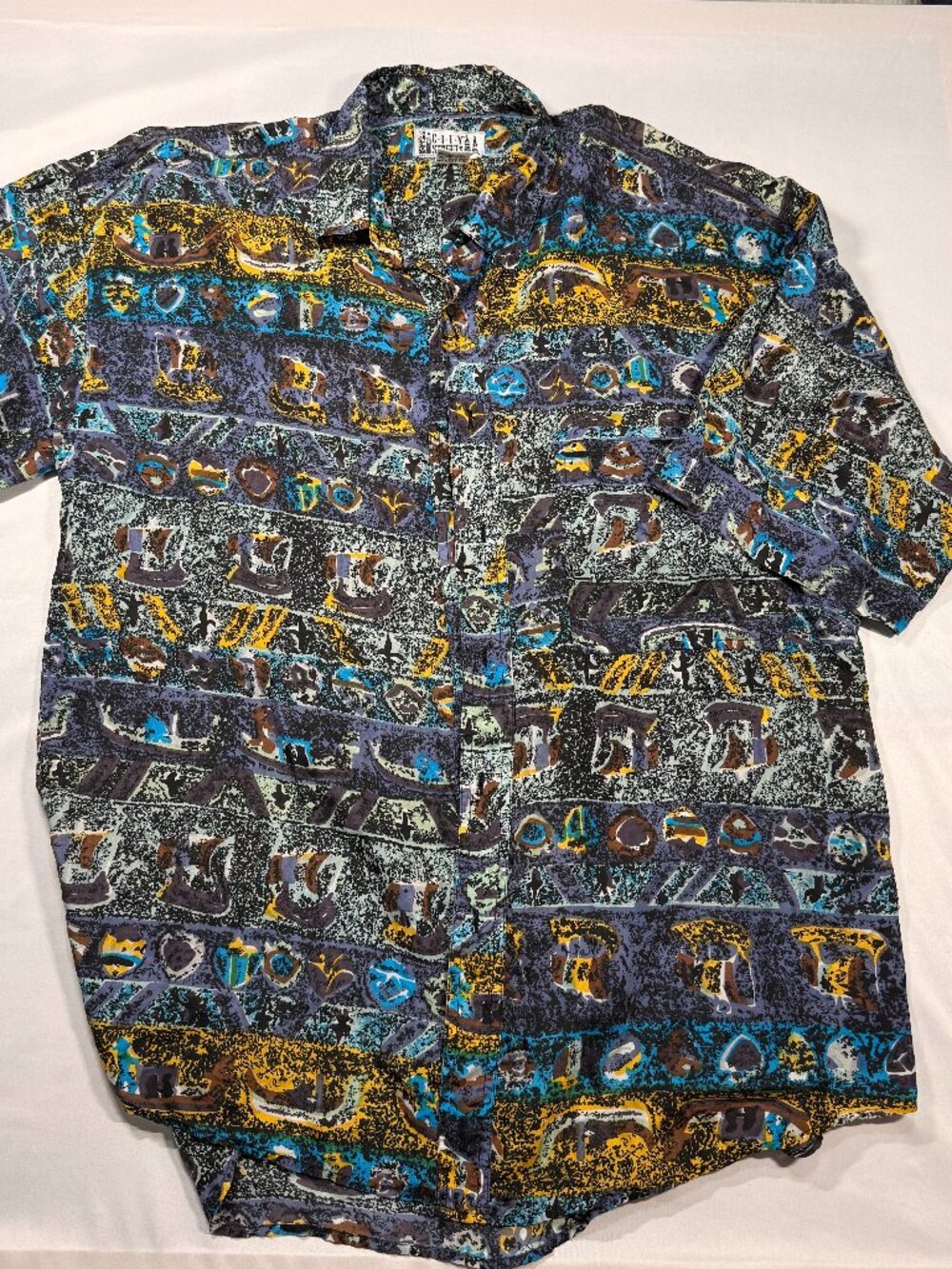 Vintage City Streets Men’s Silk Abstract Button Down Shirt Large